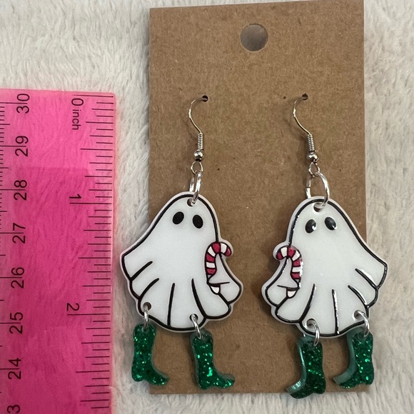 Holiday Christmas ghost 👻 with glitter boots dangle earrings - Picture 2 of 3